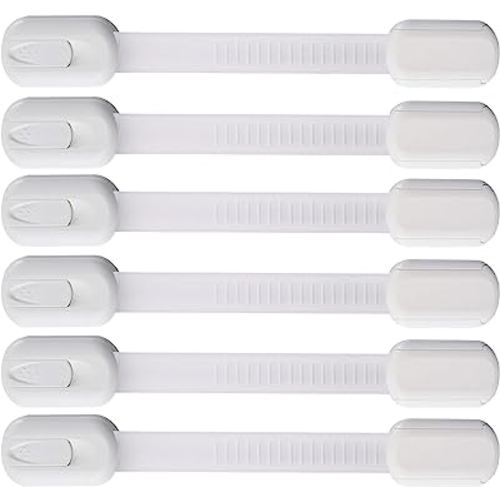 6 Pack Vmaisi Multi-Use Adhesive Straps Locks - Childproofing Baby Proofing Cabinet Latches for Drawers, Fridge, Dishwasher, Toilet Seat, Cupboard, Oven,Trash Can, No Drilling (White) (6)