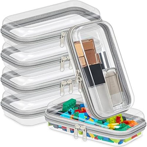 Sanwuta 6 Pcs Clear Hard Zipper Case Hard Plastic Zipper Pouches Makeup Bag Transparent Cases for Snacks Plastic Storage Organizer Portable Box for Travel