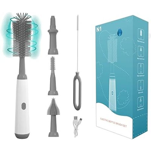 Electric Bottle Brush Set with Baby Bottle Brush 4-Piece,Bottle Brush,Nipple Brush,Straw Brush and Extension Handle,USB Rechargeable,Gift for Pregnant Women and New Moms (Grey)