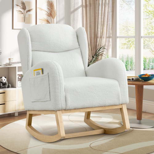 Muumblus Wingback Glider Rocking Chair for Baby Nursery, Wood Legs, Ivory Teddy