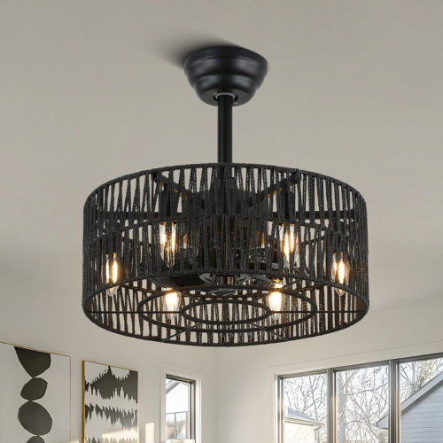 Bay Isle Home™ Angelyca 18 in. Black Rattan Caged Ceiling Fan with Light Kit and Remote | Wayfair