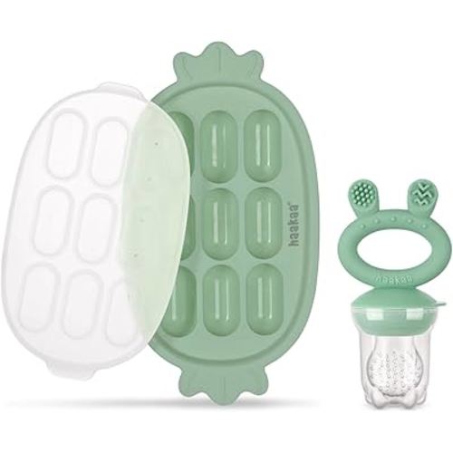 Haakaa Baby Fruit Food Feeder & Silicone Freezer Nibble Tray Combo - Breastmilk Popsicle Mold for Baby Cooling Relief, BPA Free Baby Mesh Food Feeder for Infant Self Feeding - Pea Green