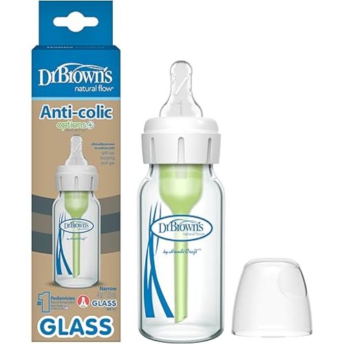 Dr. Brown's Natural Flow Anti-Colic Options+ Narrow Glass Baby Bottle, 4 oz/120 mL, with Level 1 Slow Flow Nipple, 1 Pack, 0m+