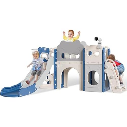 Babytronic Toddler Slide Set, 8 in 1 Kids Indoor Slide for Age 1-3, Indoor Outdoor Toddler Playground with Basketball Hoop and Telescope, Baby Indoor Slide Playset, Blue&Gray