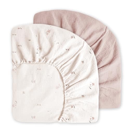 Little Grape Land Muslin Crib Sheets Fitted for Boys and Girls 2 Pack, 100% Cotton Baby Bed Sheets Soft Breathable, Neutral Fitted Baby Mattress Sheets for Standard Crib 52x28 inches, Fog Flower