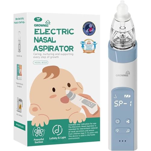 GROWNSY Nasal Aspirator for Baby, Electric Nose Aspirator for Toddler, Baby Nose Sucker, Automatic Nose Cleaner with 3 Silicone Tips, Adjustable Suction Level, Music and Light Soothing Function, Blue