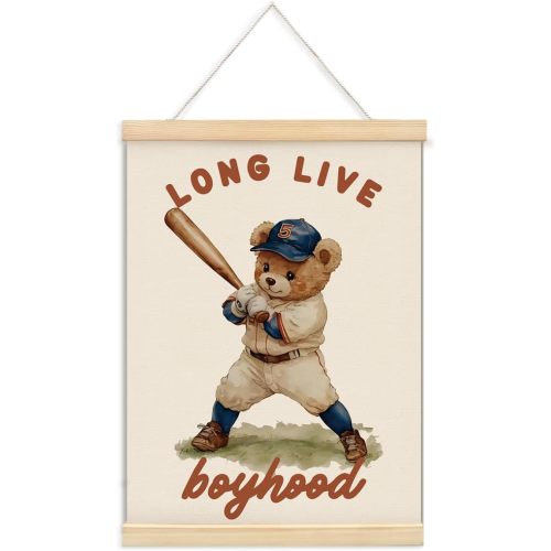 ShowDraven Boys Toddler Baseball Room Wall Decor Framed with Wood Hanger, Long Live Boyhood Bear Nursery Decor, Vintage Sports Nursery Wall Art for Boys Kids Room Bedroom Playroom, 12x16 Inches