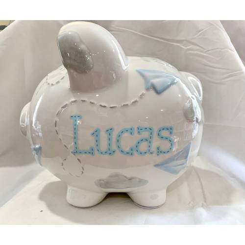 Paper AirPlanes Personalized Large Hand Painted Piggy Bank- Baby Boy Nursery decor- 1st Birthday ,Baptism, Christening, Ring Bearer Gift