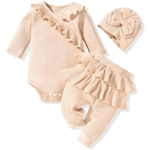 fioukiay Preemie Newborn Baby Girl Clothes Infant Girl Solid Ribbed Outfits Ruffle Romper and Pants 3PC Clothing Sets