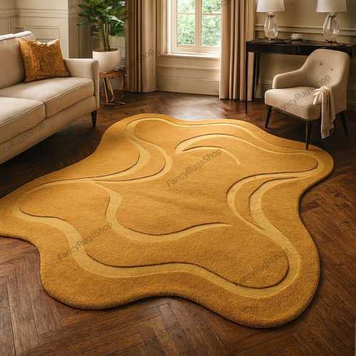 Mustard Yellow Hand Tufted Rug Handmade Wavy Abstract abstract freeform pattern Rug For Living Room Bedroom Groovy Retro Wool Decor Rugs