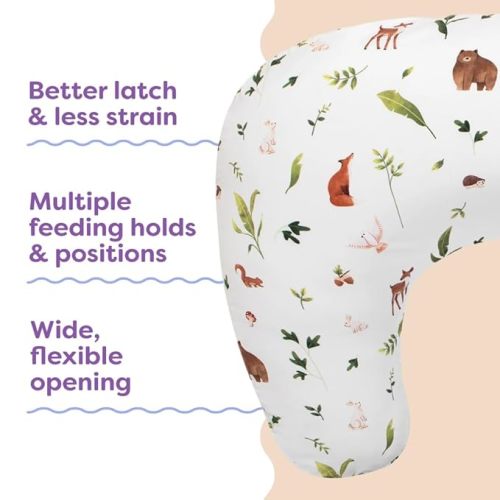 Boppy Nursing Pillow - Firm, Ergonomic U-Shaped Bottle and Breastfeeding Pillow with High Lift for Comfort and Support, Spacious Surface - Neutral Plants and Animals