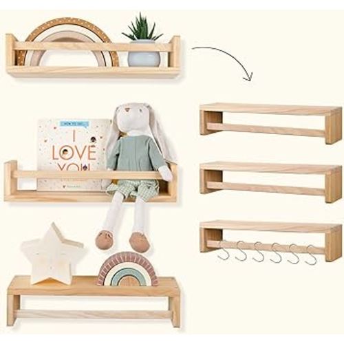 Set of 3 Floating Nursery Book Shelves, Wall Bookshelves for Kids, Baby Bookshelf, Nursery Bookshelf, Wall Book Shelf, Baby Book Shelf for Nursery, Hanging Book Shelves (Natural)