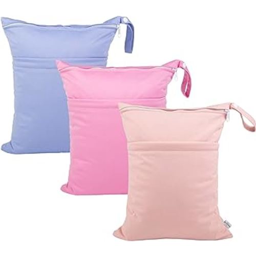 babygoal Wet Dry Bags for Baby Cloth Diapers, Washable Travel Bags, Beach, Pool, Gym Bag for Swimsuits & Wet Clothes with 2 Pockets 3 Pack 3LN09