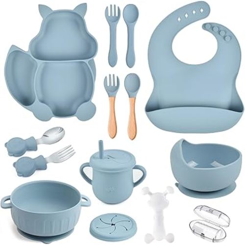 Silicone Baby Feeding Set 15 Pcs,Baby Spoons Suction Bowl Divided Plate Bib Cup Finger Brush Teething Teether Training cups,Baby Led Weaning Supplies(blue)