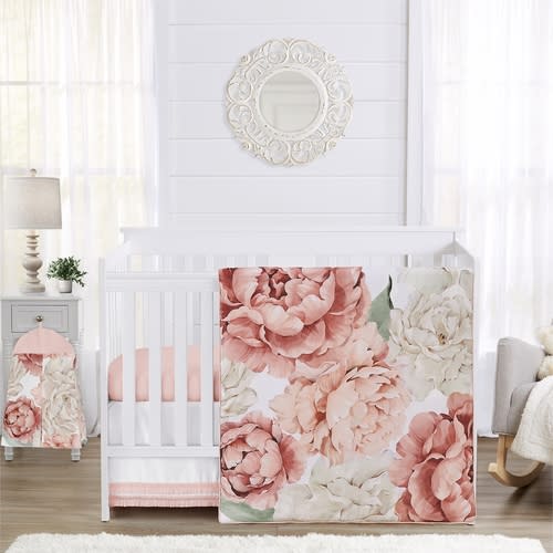 Peony Floral Garden Pink and Ivory Collection 4 Piece Crib Bedding