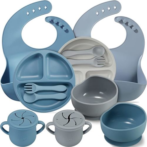 Gejoy 12 Pack Silicone Baby Led Weaning Supplies Baby Feeding Set with Suction Bowl Divided Plate Bib Soft Spoon Fork Utensil - Dark Blue, Gray