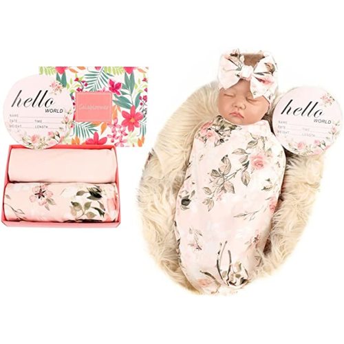 Galabloomer Receiving Blanket Headband Set Flower Print Baby Swaddle Blankets Vintage Rose