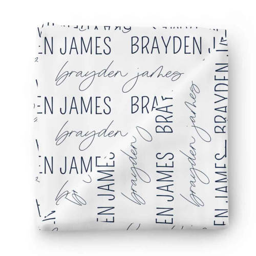 Personalized Dark Navy on White Baby Name Swaddle Blanket