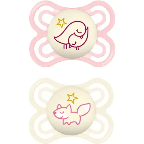 MAM Perfect Night Baby Pacifier, Patented Nipple, Glows in The Dark, 2 Pack, 0-6 Months, Girl, Designs May Vary