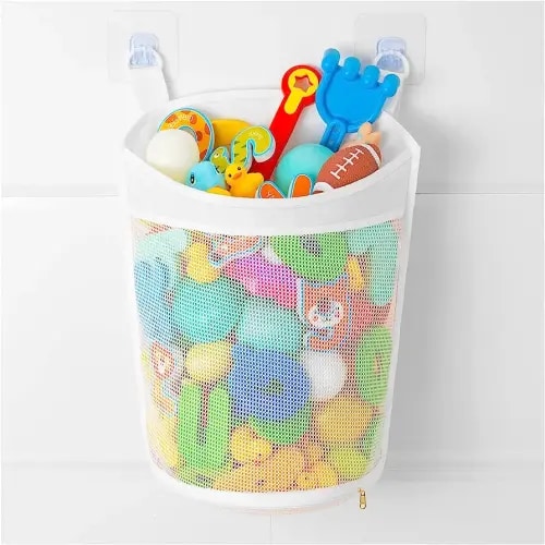 Large Capacity Baby Mesh Bath Toy Organizer, Multiple Ways to Hang, Extra Large Opening Bathroom Toy Storage, Bottom Zipper Bathtub Toy Storage Bag, Baby Shower Games bath Tub Accessory (White)
