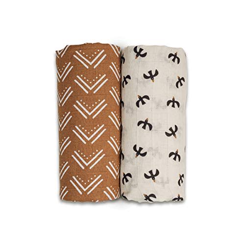 lulujo Boho Swaddle Set, Cotton Muslin Blankets, 2 Pack (Mudcloth & Blackbirds)