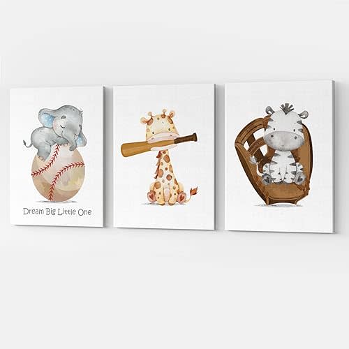 GUBIYU Baseball Nursery Room Decor Baby Boy Sports Canvas Nursery Animal Sports Art Baseball Print Set of 3, Nursery Sports Decor Baseball Posters Wall Decor Sports Themed Room Decor for Boys 12"x16"