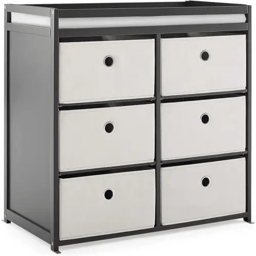 Delta Children Hayes Changing Table and Dresser for Bedroom with 6 Fabric Drawers, Charcoal Grey/Flax
