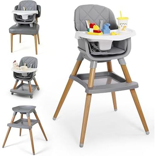 7 in 1 Baby High Chair for Babies and Toddlers with Large Storage Footrest, Booster Seat, Convertible Wooden High Chair with 3-Tier Removable Dishwasher Safe Tray, 5 Point Harness, Classic Gray