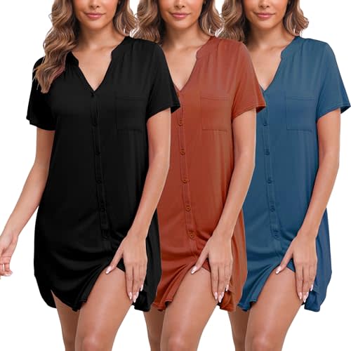 FEREMO 3 Pack Sleep Shirts for Women Button Down Nightgowns V Neck Short Sleeve Sleepwear Soft Comfy Nightshirt