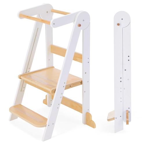 Nordi Foldable Toddler Kitchen Tower, Montessori Kitchen Stools Helper, Standing Tower with 3 Adjustable Heights, Suitable Age for 2-6 Years, White