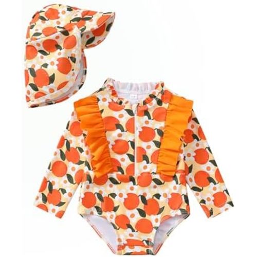 SUNNY PIGGY Baby Girls One Piece Swimsuit Long Sleeve Floral Bathing Suit+Hat 2Pcs