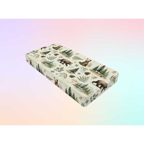 Bear Cub Changing Pad Cover - Neutral Baby Boy Woodland Nursery, Forest Animal Print Jersey Knit Cover 32x16.5