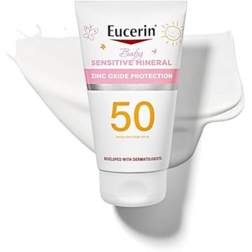 Eucerin Sun Sensitive Mineral Baby Sunscreen Lotion SPF 50, Mineral Sunscreen for Babies with Zinc Oxide Protection, Tear Free, Hypoallergenic and Fragrance Free, 4 Fl Oz Tube