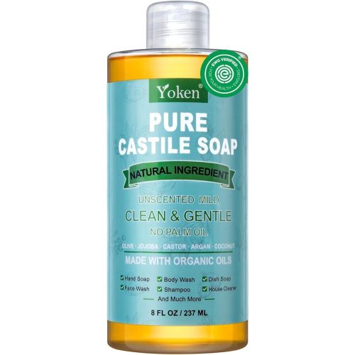 Pure Castile Liquid Soap Organic (EWG Verified, Unscented, 8 OZ), Made with Organic Oils, No Added Fragrance, Vegan, Castile Soap Liquid for Face, Laundry, Dishes, Sensitive Skin, Travel Soap