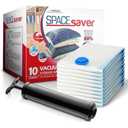 Spacesaver Space Bags Vacuum Storage Bags (Jumbo 10pk) Save 80% Clothes Storage Space - Vacuum Bags for Comforters, Blankets, Bedding, Clothing - Compression Seal for Closet Storage. Pump for Travel