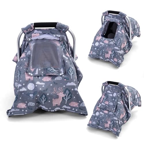 Car Seat Cover Baby, Carseat Covers Baby with Screen Mesh Window, Breathable Baby Carrier Canopy for Boys, Girls, Universal Infant Car Seat Protection Shield for Sunlight, Dust