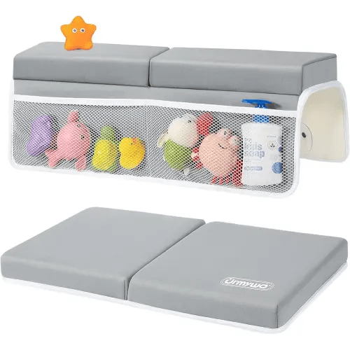 URMYWO Bath Kneeler and Elbow Rest Pad Set - 1.5" Thick Baby Bath Kneeler Pads with Toys Organizer, Anti-Slip Cozy Knee & Arm Support Bathtub Mat, Quick Dry Kneeling Pad for Baby Bath Time
