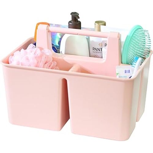 Shower Caddy Organizer with Handle, 3 Compartments, Portable Storage Bin for Bathroom, Dorm, Gym -Made In USA (Indie Pink)