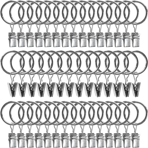44 Pack Metal Curtain Rings with Clips, Drapery Clips with Rings, Drapes Rings 1 inch Inner Diameter, Fits Diameter 5/8 inch Curtain Rods, Silver