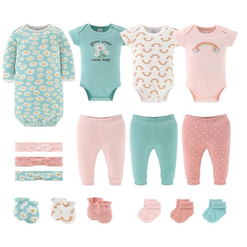 The Peanutshell Baby Layette Gift Set for Girls - 16 Piece New Born Girl Gift Set, Baby Clothes & Newborn Essentials Must Haves - Newborn Clothes 0-3 Months - Carefree Floral