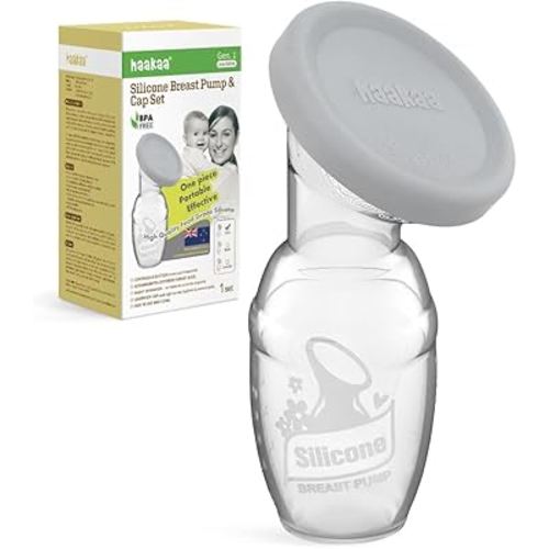 haakaa Manual Breast Pump Breastfeeding Pump with Food Grade Silicone Cap (Grey) 4oz/100ml