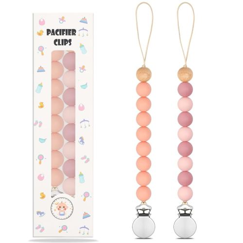 Lot de 2 pinces à tétine en silicone pour bébé garçon et fille avec perles en silicone, porte-tétine 100 % de qualité alimentaire pour cadeaux essentiels de nouveau-né (rose)