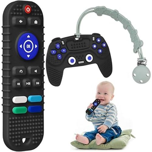 Teether Toys for Babies,2pcs Silicone Baby Teething Toys Teethers for Babies Remote Control Shape+1PCS Silicone Pacifier Clip,Relief Soothe Babies Gums Set,BPA Free for 6 to 12 Months