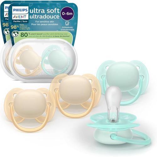 Philips Avent Ultra Soft Pacifiers - Orthodontic Design, for Babies 0-6 Months, Flexible Shield, Silicone Symmetrical Nipple, BPA-Free, 2 Sterilizing Cases, 4 Pack, SCF091/48