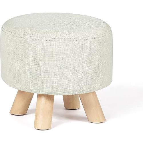 Asense Small Round Ottoman Foot Rest Stool Fabric Padded Seat Footstool Ottoman with Non-Skid Wooden Legs (Beige,Fabric)