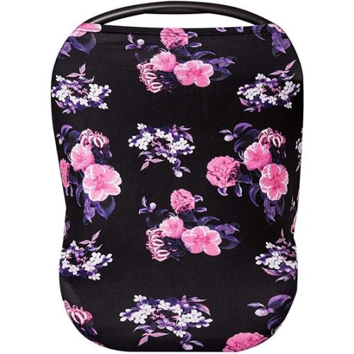 4 in 1 Car Seat Covers for Babies Girl, Nursing Cover Carseat Canopy, Soft and Stretchy Breastfeeding Scarf, Best Gift Set for Infant, Newborn - Floral Black Pink and Purple