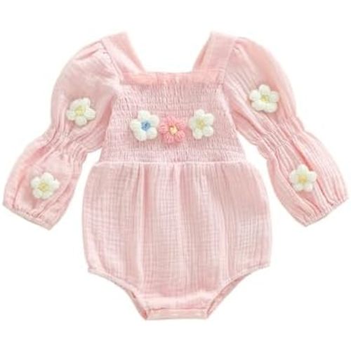 Suolongsama Newborn Baby Girl Outfit Long Sleeve Smocked Bubble Romper 3D Flower Embroidery Bodysuit Cute Spring Clothes