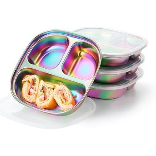 AIEVE Stainless Steel Kids Plates, 4 Pack Stainless Steel Toddler Plate with Lids, Rainbow Stainless Steel Baby Plates Non Toxic with Dividers