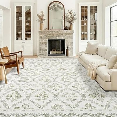 Sage Green Rugs 8x10 for Living Room Boho Washable Rugs Large Floral Floor Covering for Bedroom, 8 x 10 Soft Green Dining Room, Non Slip Farmhouse Floor Carpet for Kids Playroom Dorm
