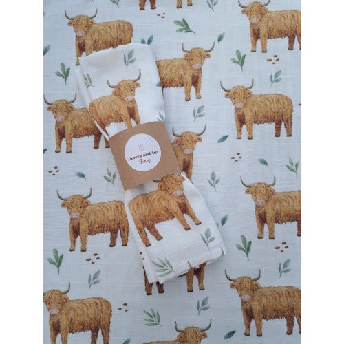 Scottish Highland Cow Baby Burp Cloth Muslin Square or Swaddle by Doreen and Ada | New Mum Gift